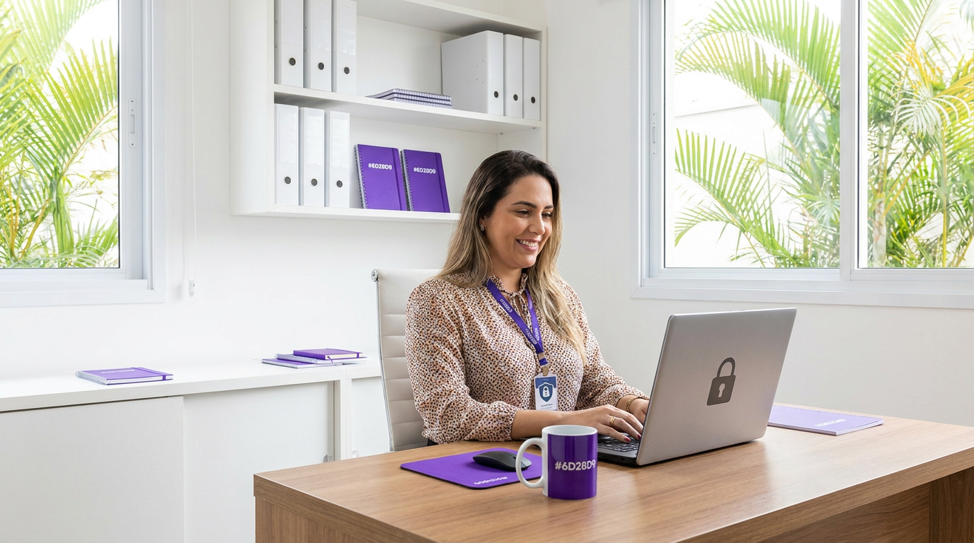 Pequeno empresário trabalhando no notebook com elementos de segurança digital
